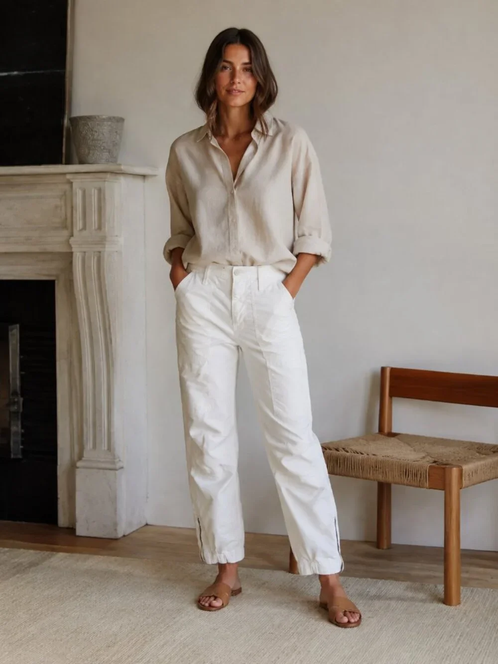 Nili Lotan Eggshell White Stretch Cotton Military Side Hem Zip Jenna Pants Sz 4